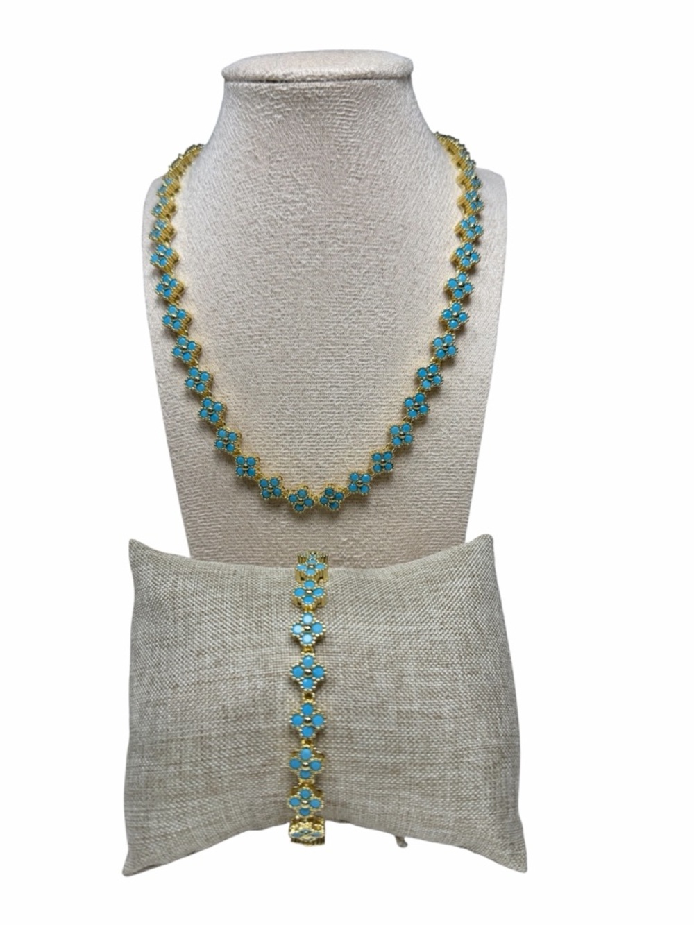 18K Gold Turquoise Clover Link Necklace and Bracelet Set